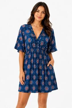 Made by Johnny Blue Half Sleeve V-Neck Lightweight Stretchy Knee Length Dress
